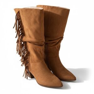 Journee Collection Fringe Mid-Calf Heeled Boots - Brown